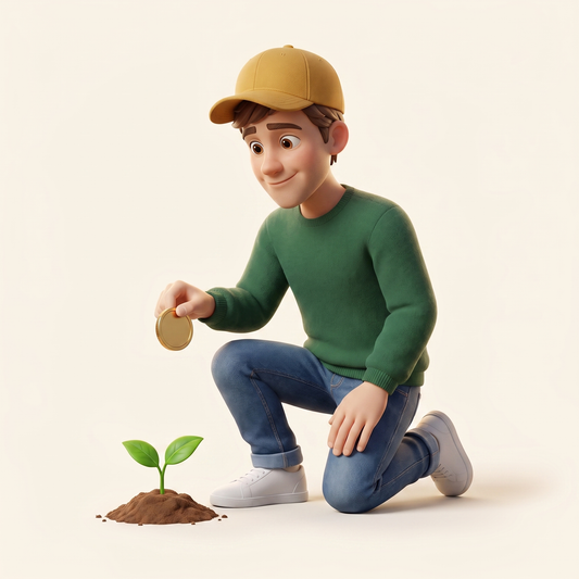 Marcus planting a first gold coin beside a seedling