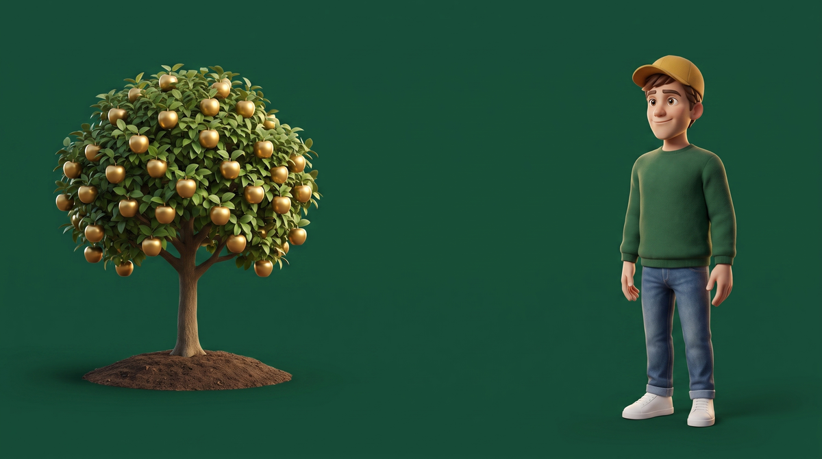 Marcus, the What The Wealth guide, standing beside a tree growing golden apples